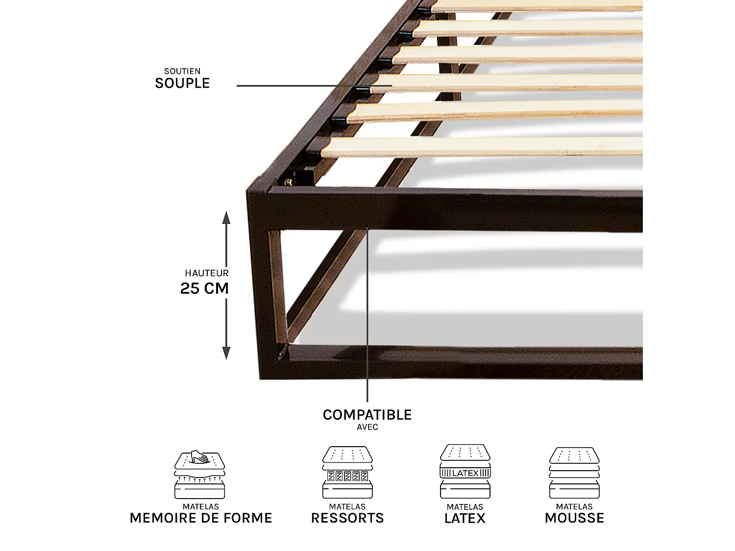 Sommier à lattes en métal Leonidas 160x200 cm Coloris Noir Livré en kit
