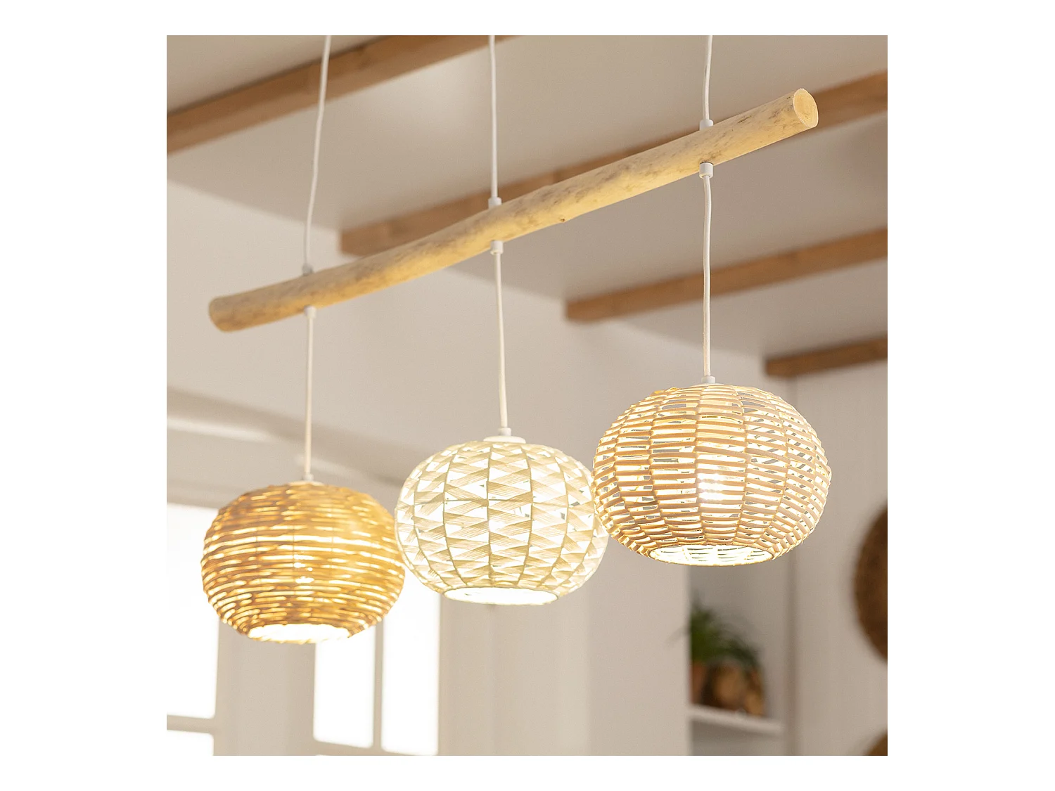 Suspension Rotin et Bois Linfen Naturel