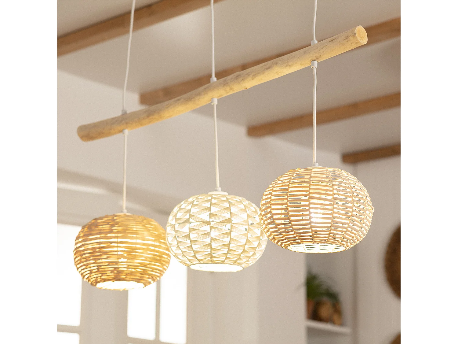 Suspension Rotin et Bois Linfen Naturel