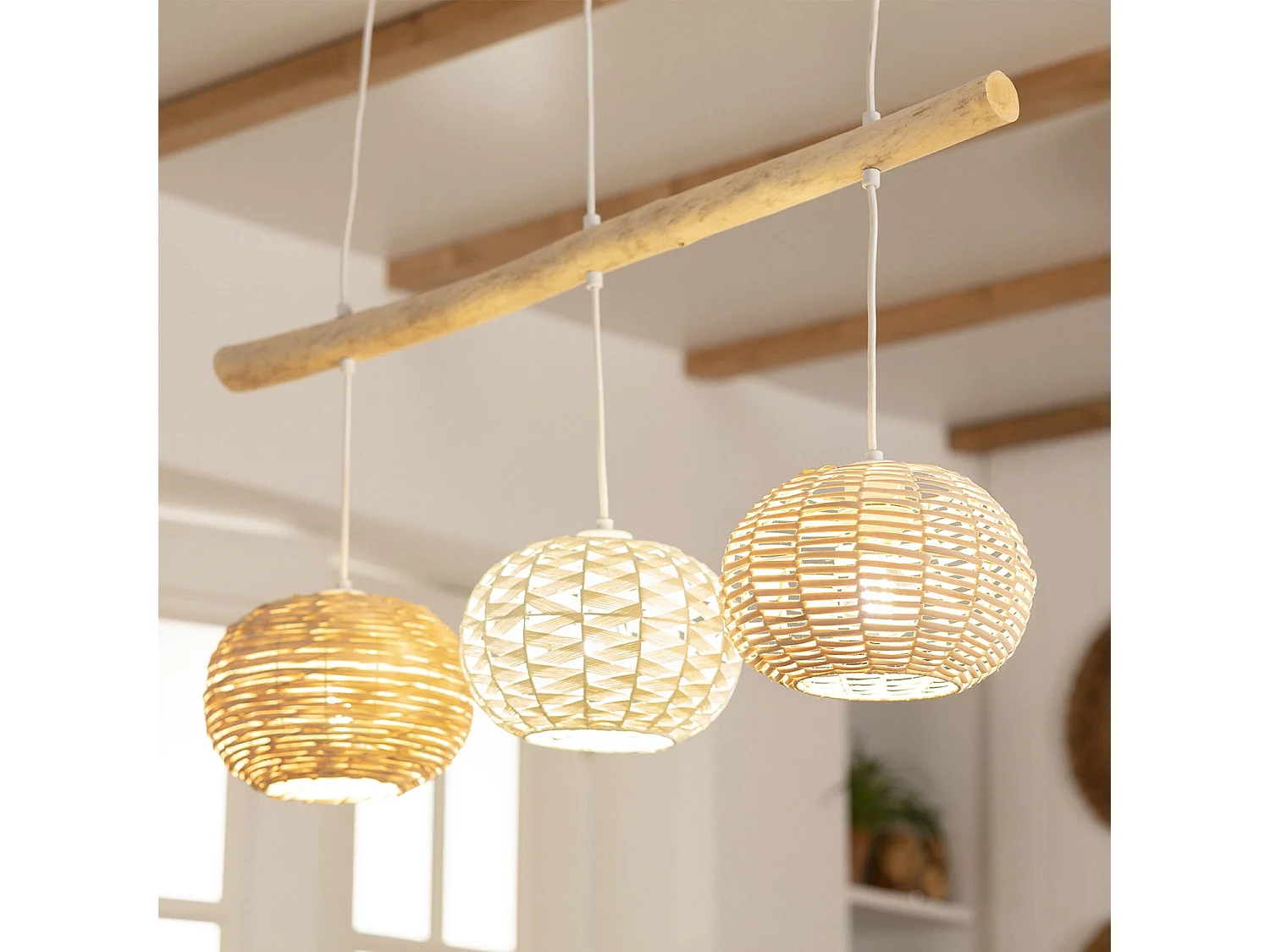 Suspension Rotin et Bois Linfen Naturel