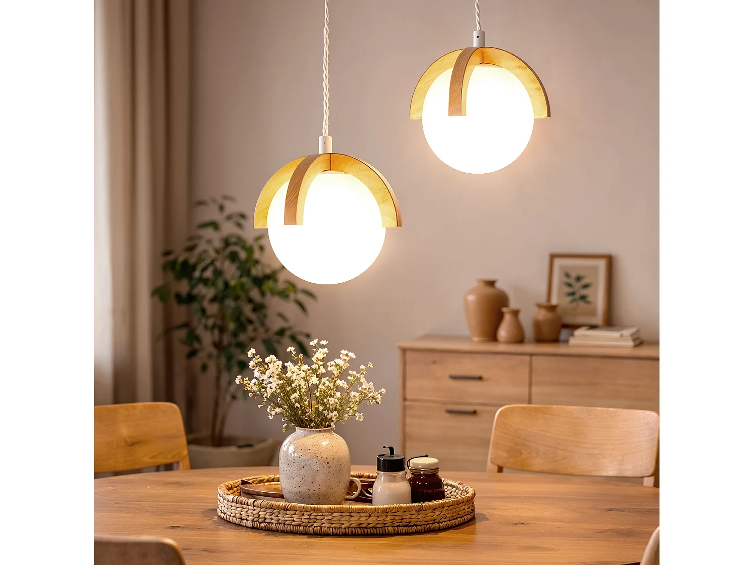 Suspension Bois et Verre Platon Blanc