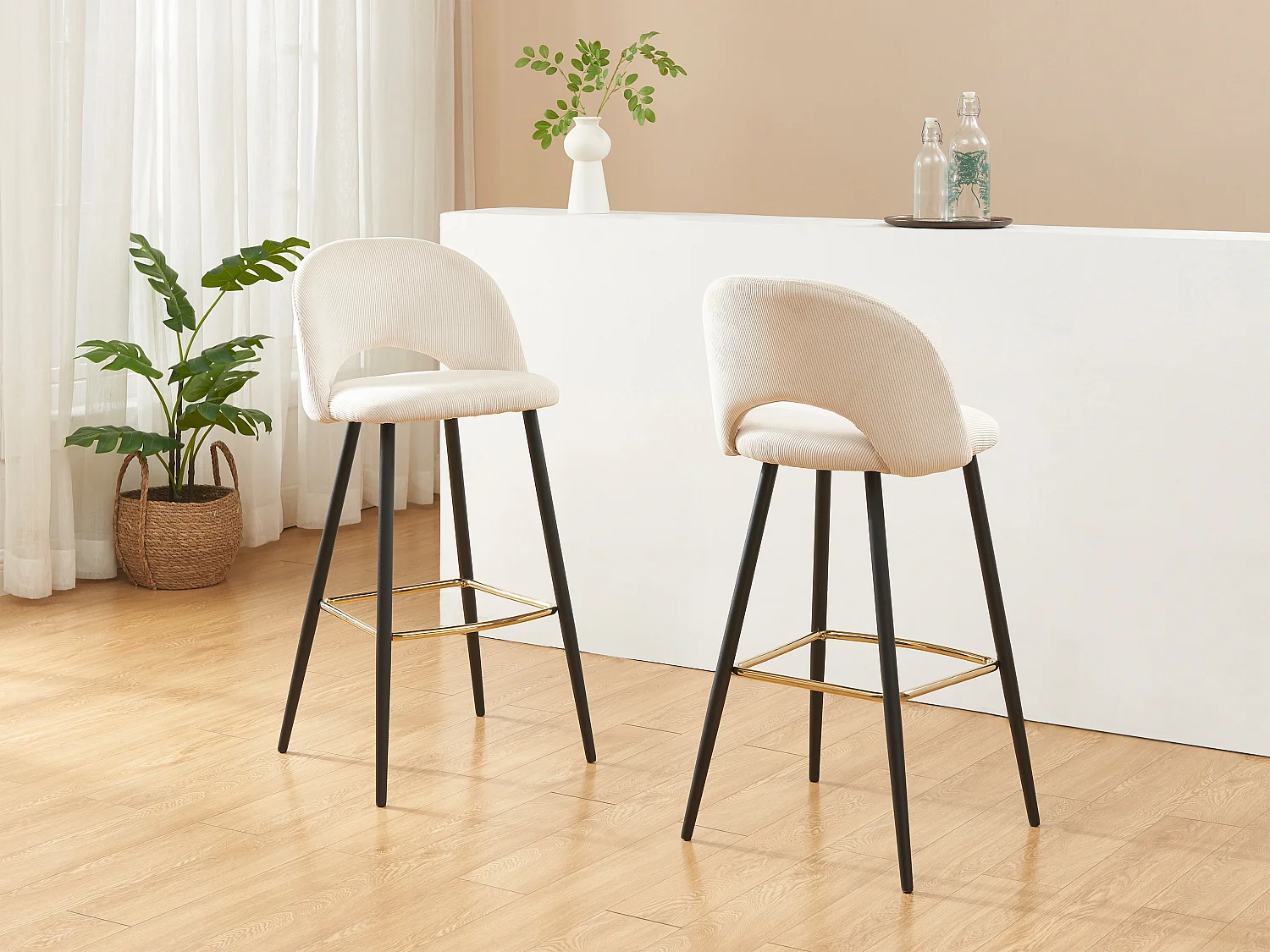 Barhocker 2er-Set - Cord & Metall - Cremefarben - FINCHY von Pascal Morabito