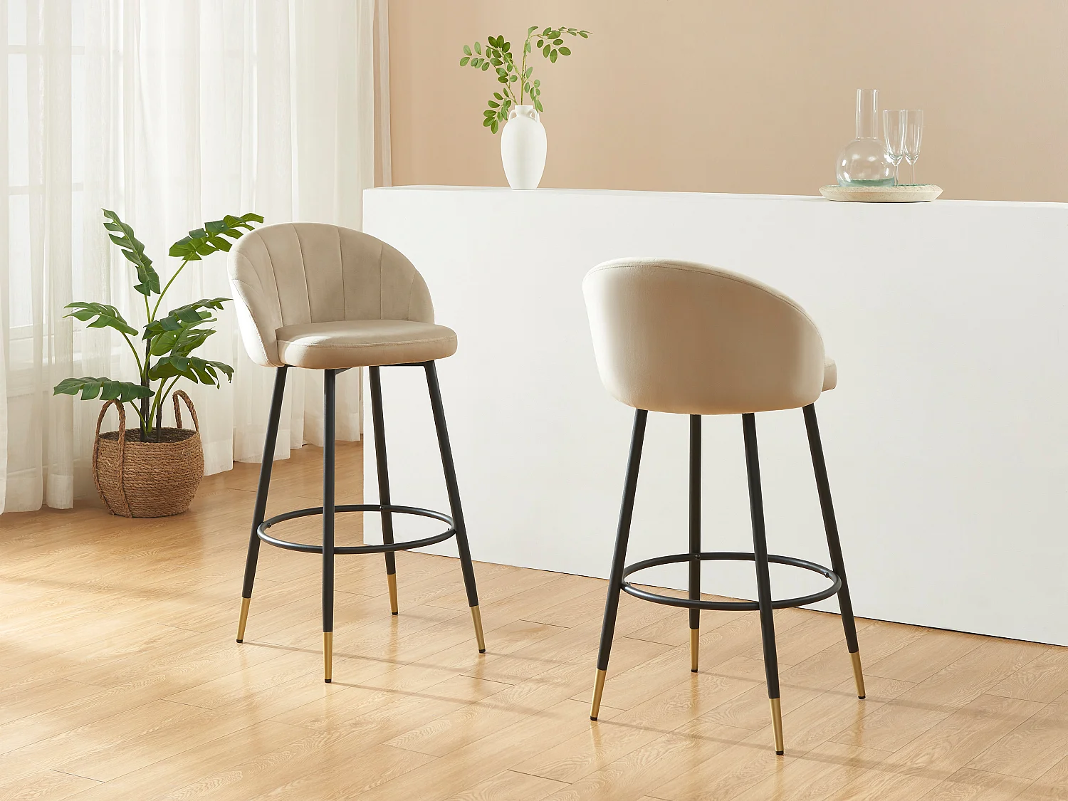 Lot de 2 tabourets de bar en velours et métal - Beige - ELIRAM