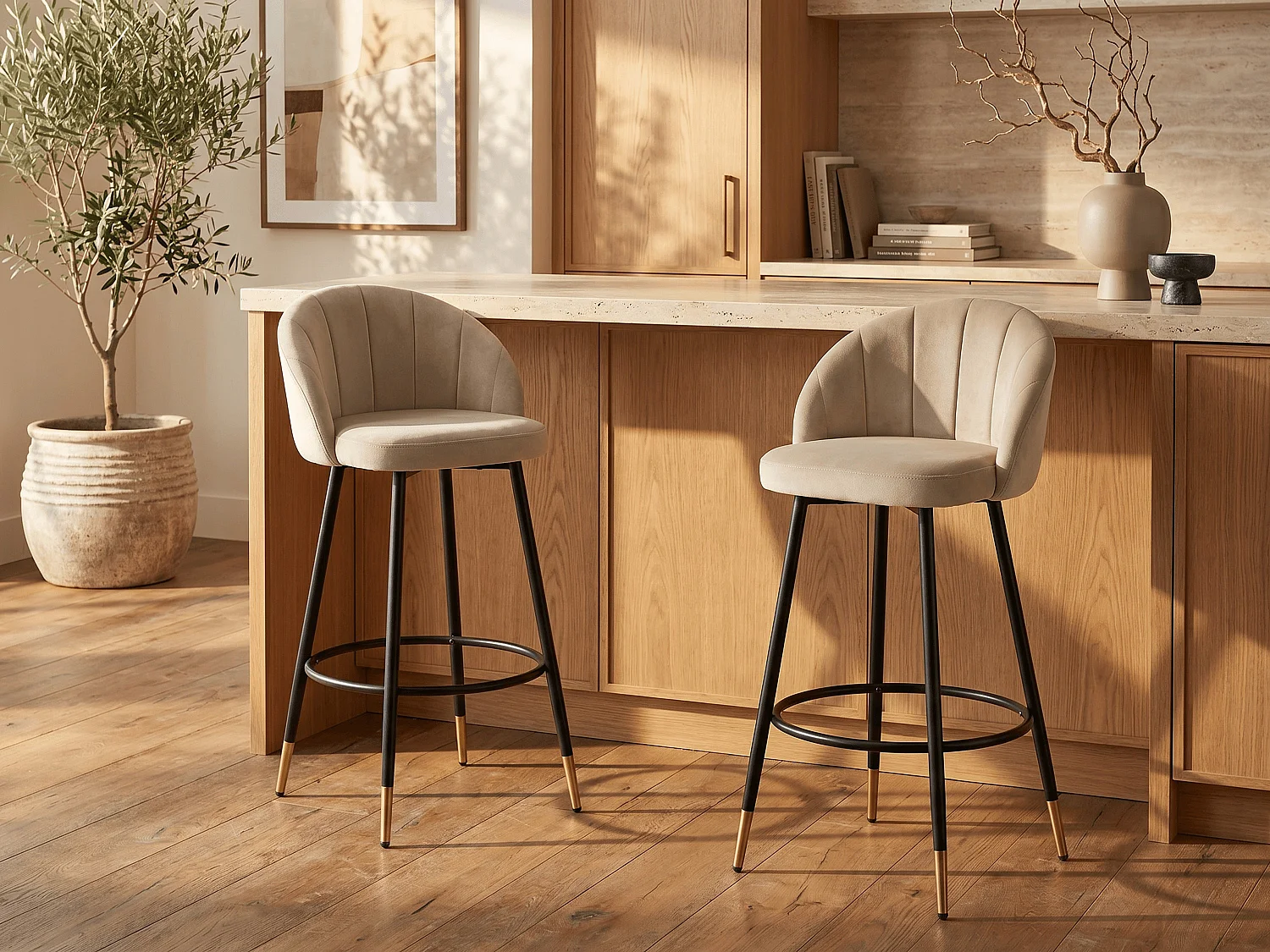 Barhocker 2er-Set - Samt & Metall - Beige - ELIRAM