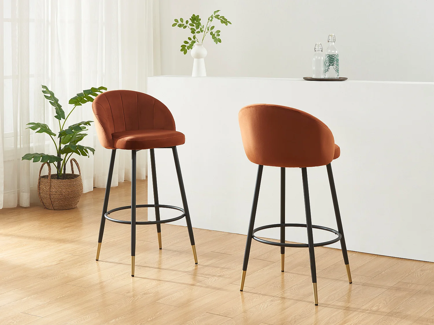 Lot de 2 tabourets de bar en velours et métal - Terracotta - ELIRAM