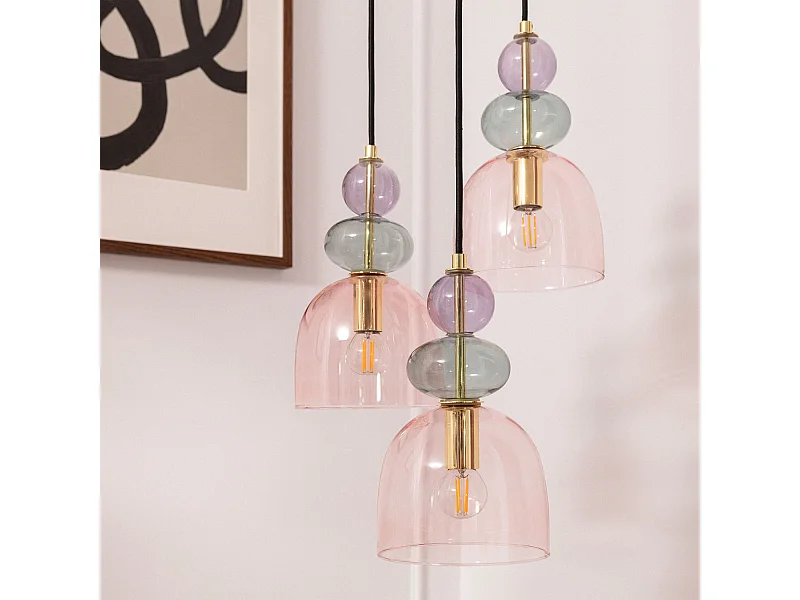 Lámpara Colgante Metal y Cristal Tri Baudelaire Rosa