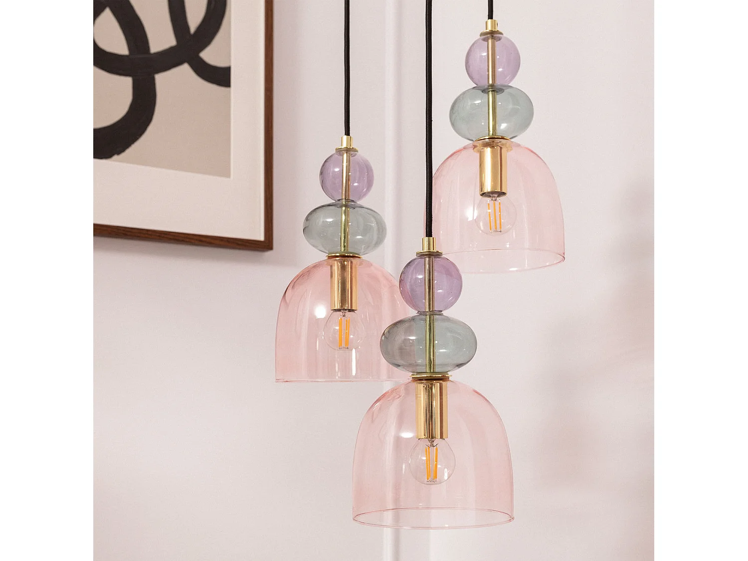 Suspension Métal et Verre Tri Baudelaire  Rose