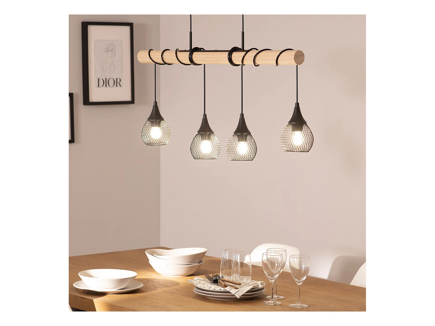 Lampada a Sospensione Legno e Metallo Monah Bianco