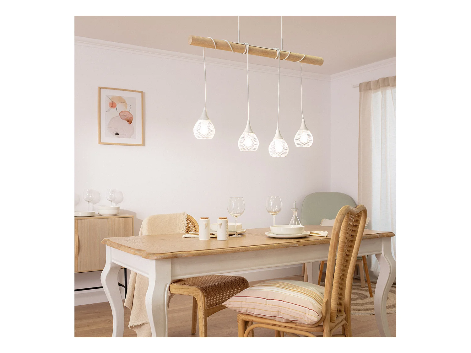 Lampada a Sospensione Legno e Metallo Monah Bianco