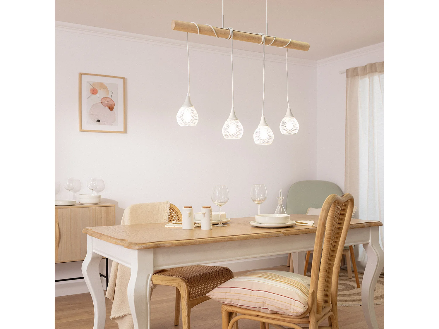 Lampada a Sospensione Legno e Metallo Monah Bianco