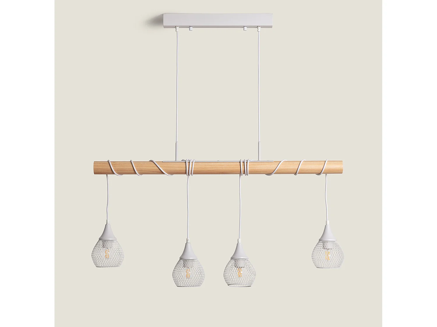 Lampada a Sospensione Legno e Metallo Monah Bianco