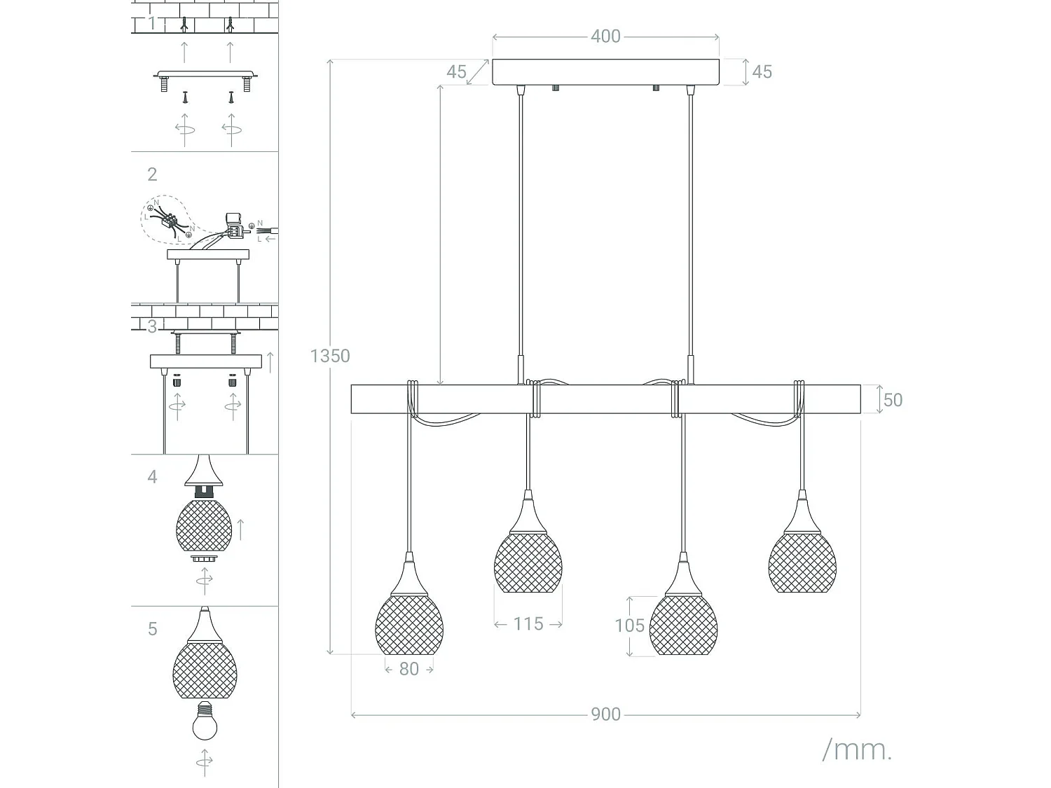 Lampada a Sospensione Legno e Metallo Monah Bianco