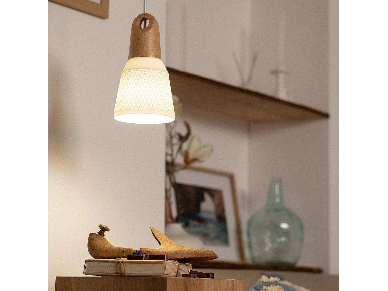 Lámpara Colgante Cerámica y Madera Retilles Blanco