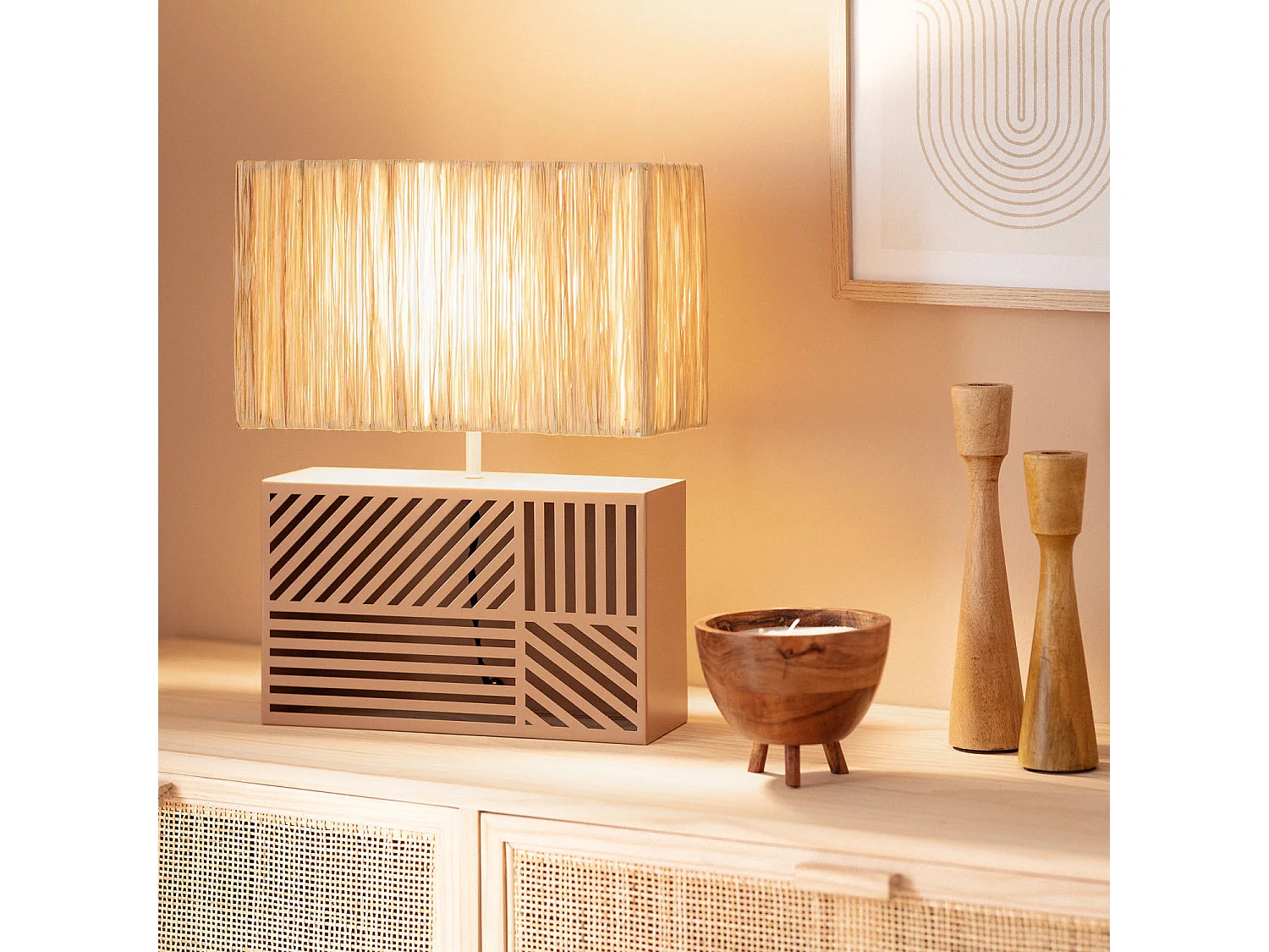 Lámpara de Mesa Metal y Rafia Cartago Beige