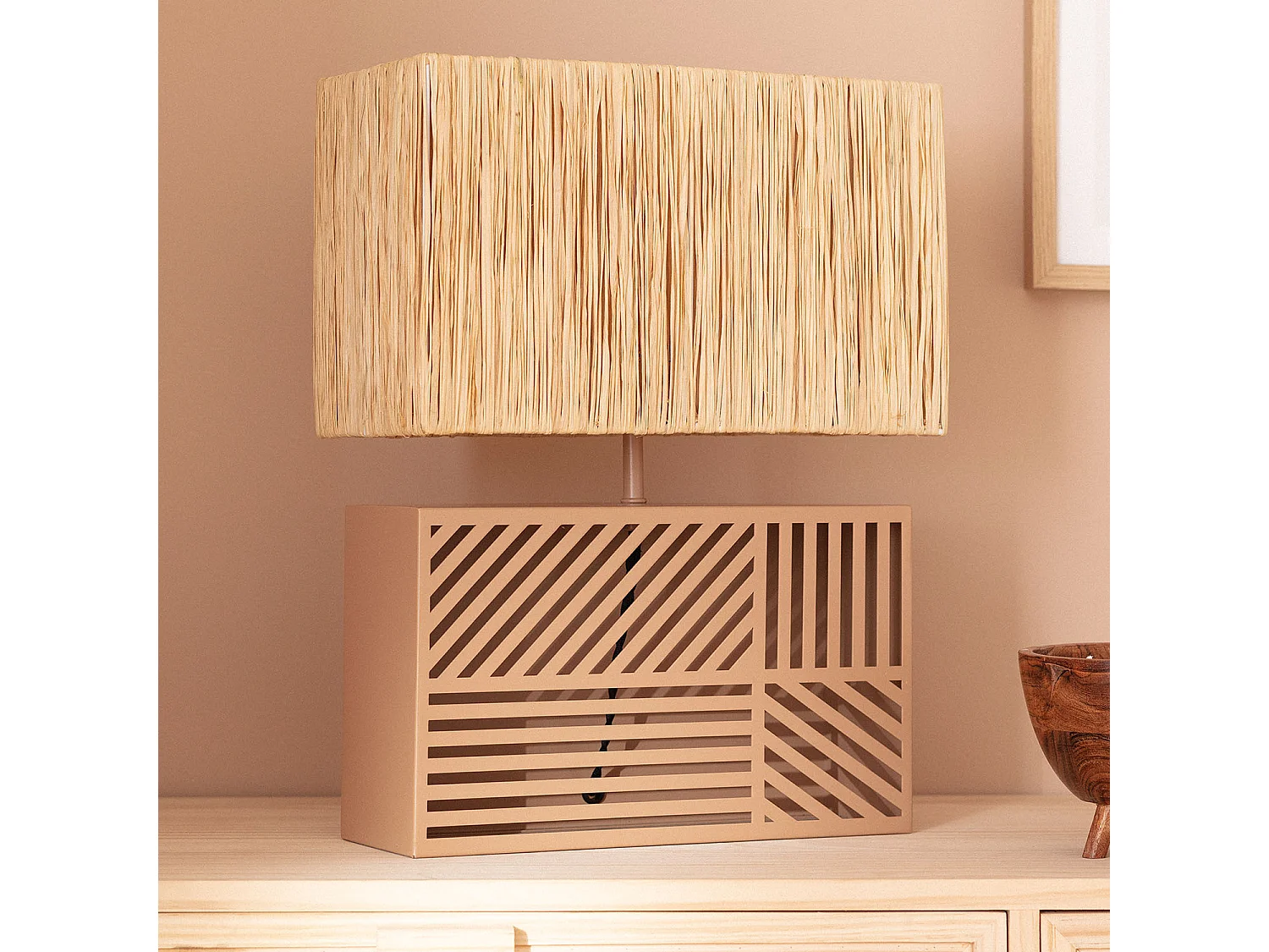 Lámpara de Mesa Metal y Rafia Cartago Beige