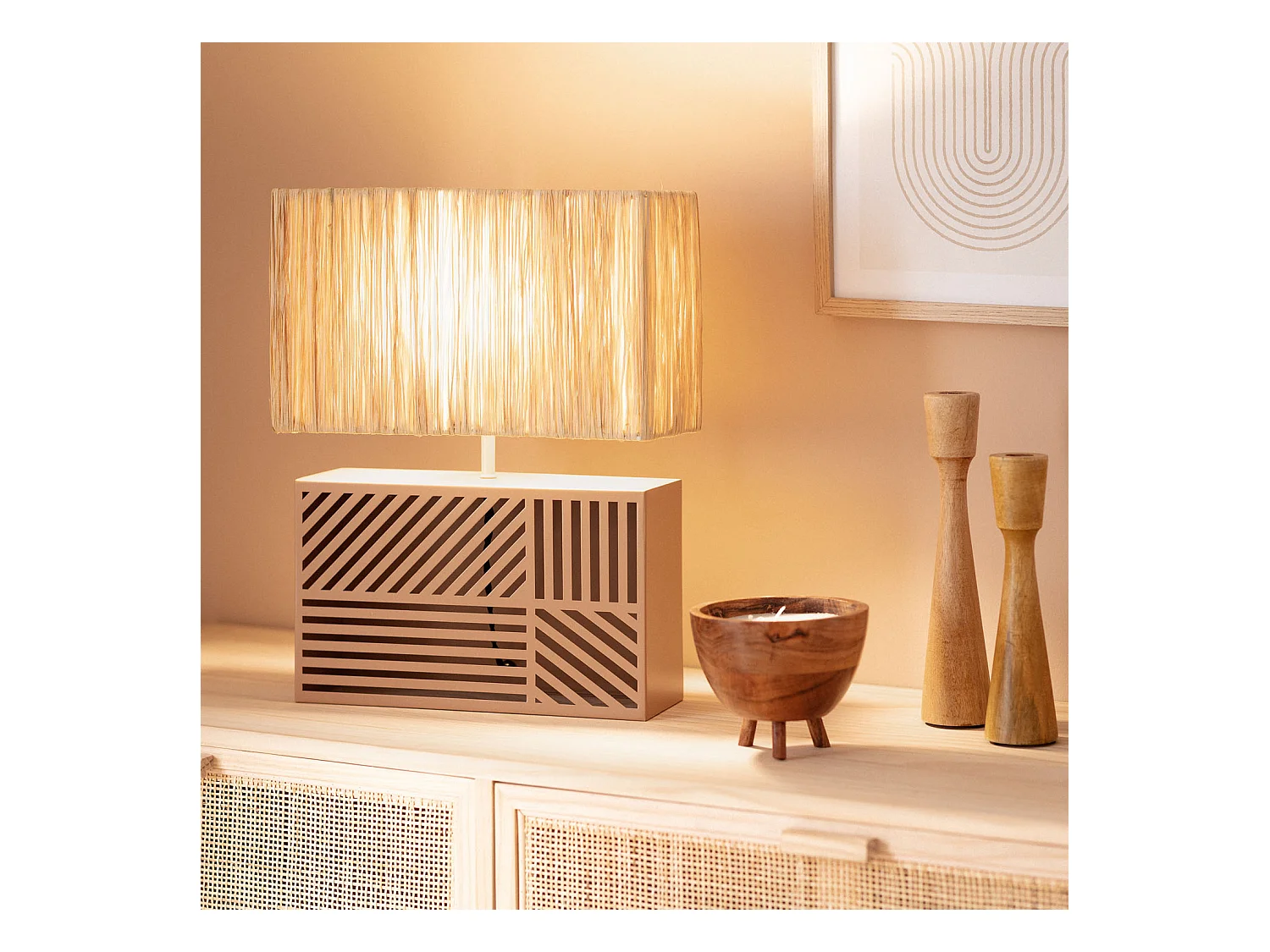 Lampe à Poser Métal et Raphia Cartago  Beige