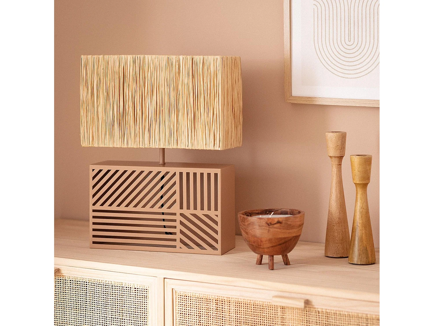 Lampe à Poser Métal et Raphia Cartago  Beige