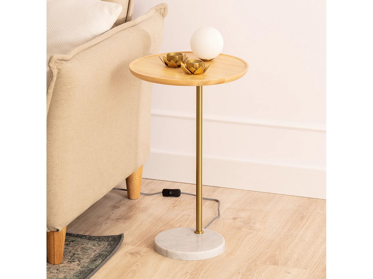 Lampe à Poser Bois et Verre Brandt Blanc-Doré