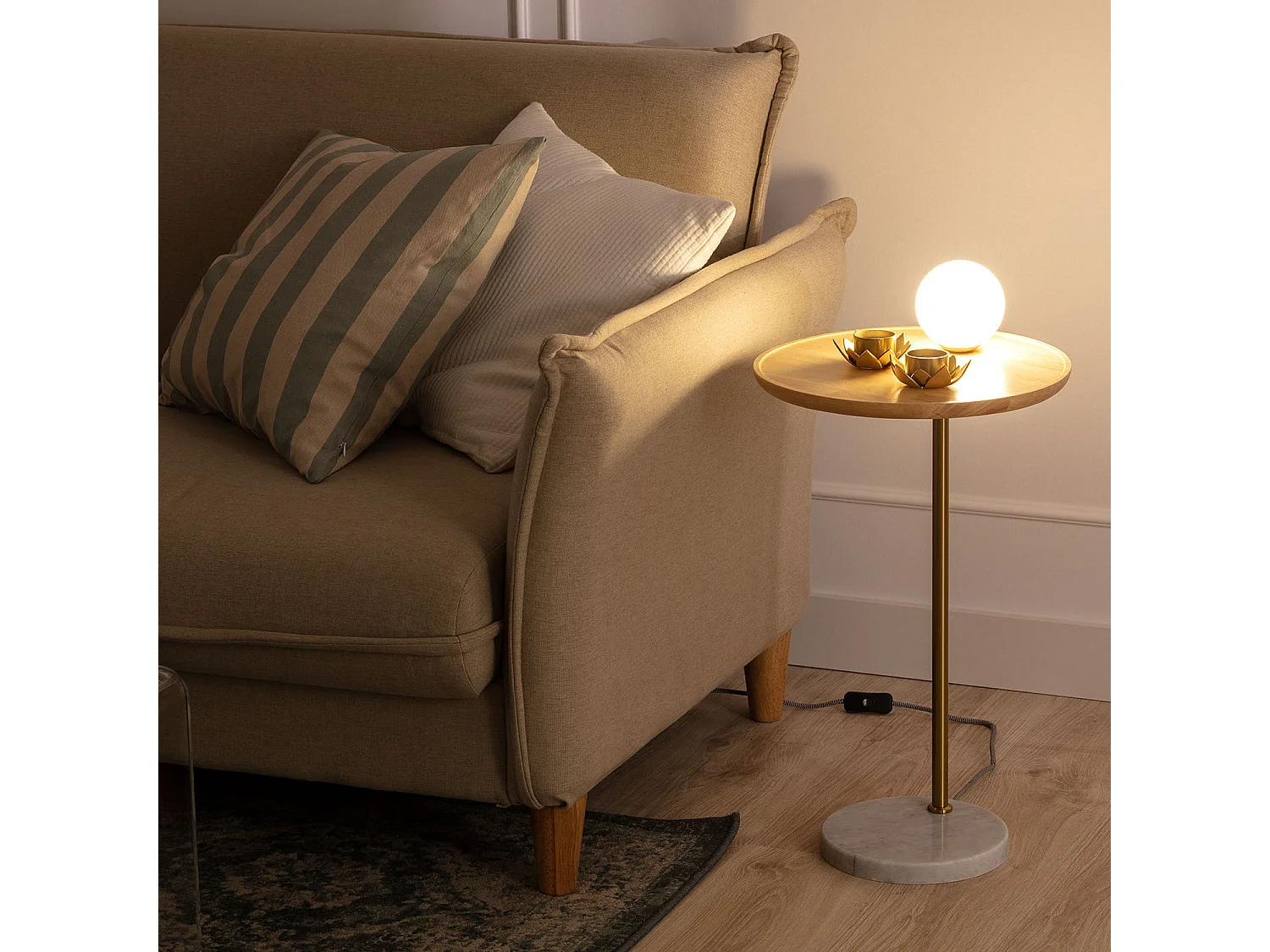 Lampe à Poser Bois et Verre Brandt Blanc-Doré