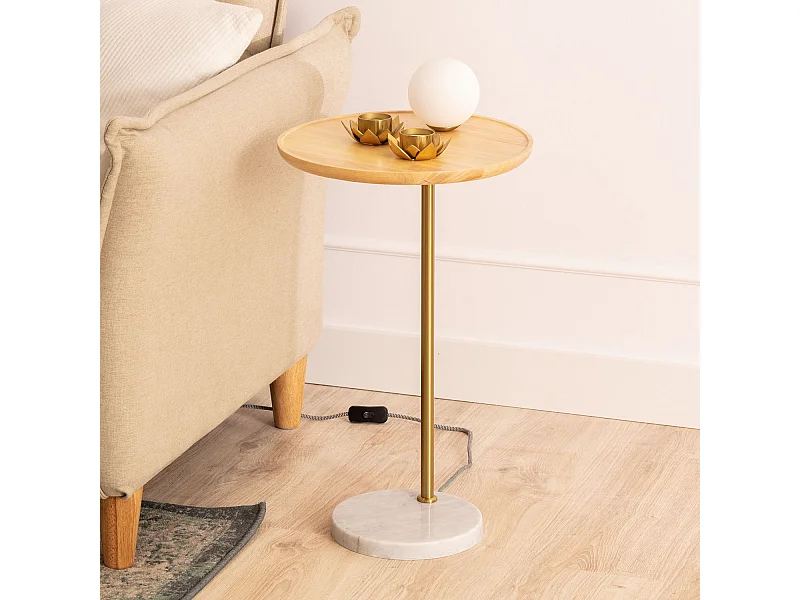 Lampe à Poser Bois et Verre Brandt Blanc-Doré