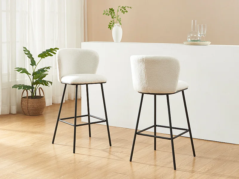 Lot de 2 tabourets de bar en tissu bouclette et métal - Blanc - SENORASE