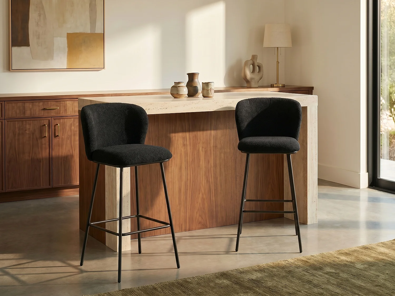 Lot de 2 tabourets de bar en tissu bouclette et métal - Noir - SENORASE