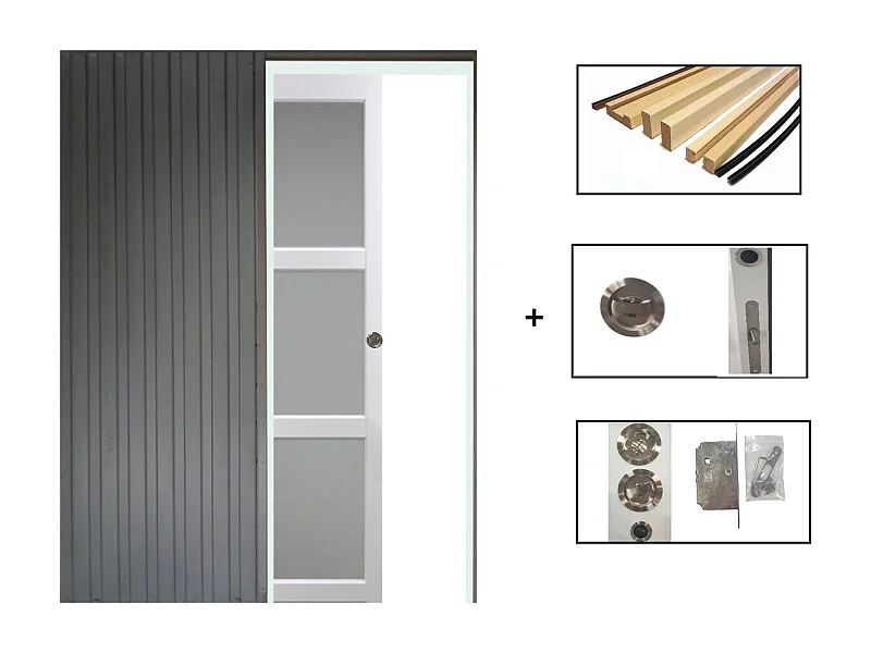 Porte Coulissante Kenya Blanc Vitree H204 X L73 + Systeme Galandage Et Kit Finition Inclus Gd Menuiseries