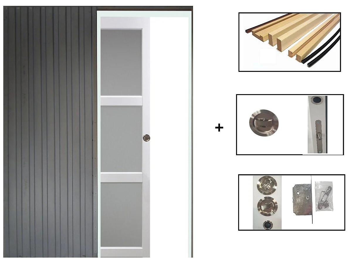 Puerta corredera Kenya blanca con vidrio H204 x L73 cm, empotrada, kit de acabado para GD MENUISERIES sin manilla