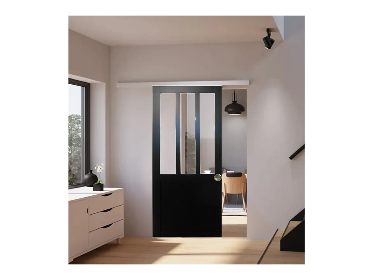 Porte Coulissante Atelier Noir H204 X L93 + Rail Alu Bandeau Blanc Et Coquilles Gd Menuiseries