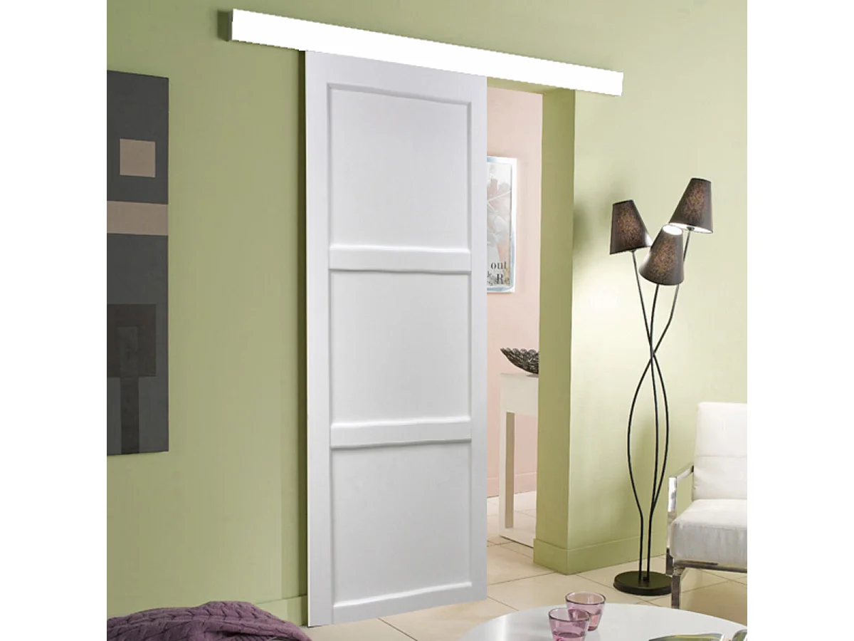 Porte Coulissante Korya Blanc 3 Panneaux H204 X L83 + Rail Alu Et Coquilles Gd Menuiseries