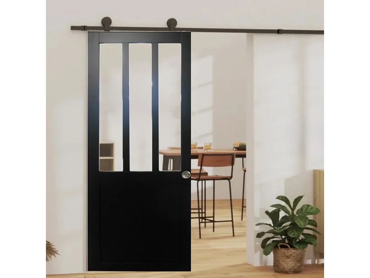 Porte Coulissante Atelier Noir H204 X L93 + Rail A  Roulettes Et Coquilles Gd Menuiseries