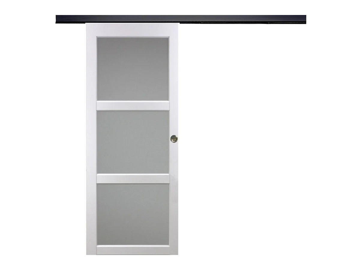 Porte Coulissante Kenya Blanc Vitree H204 X L73 + Rail Alu Bandeau Noir Et Coquilles Gd Menuiseries