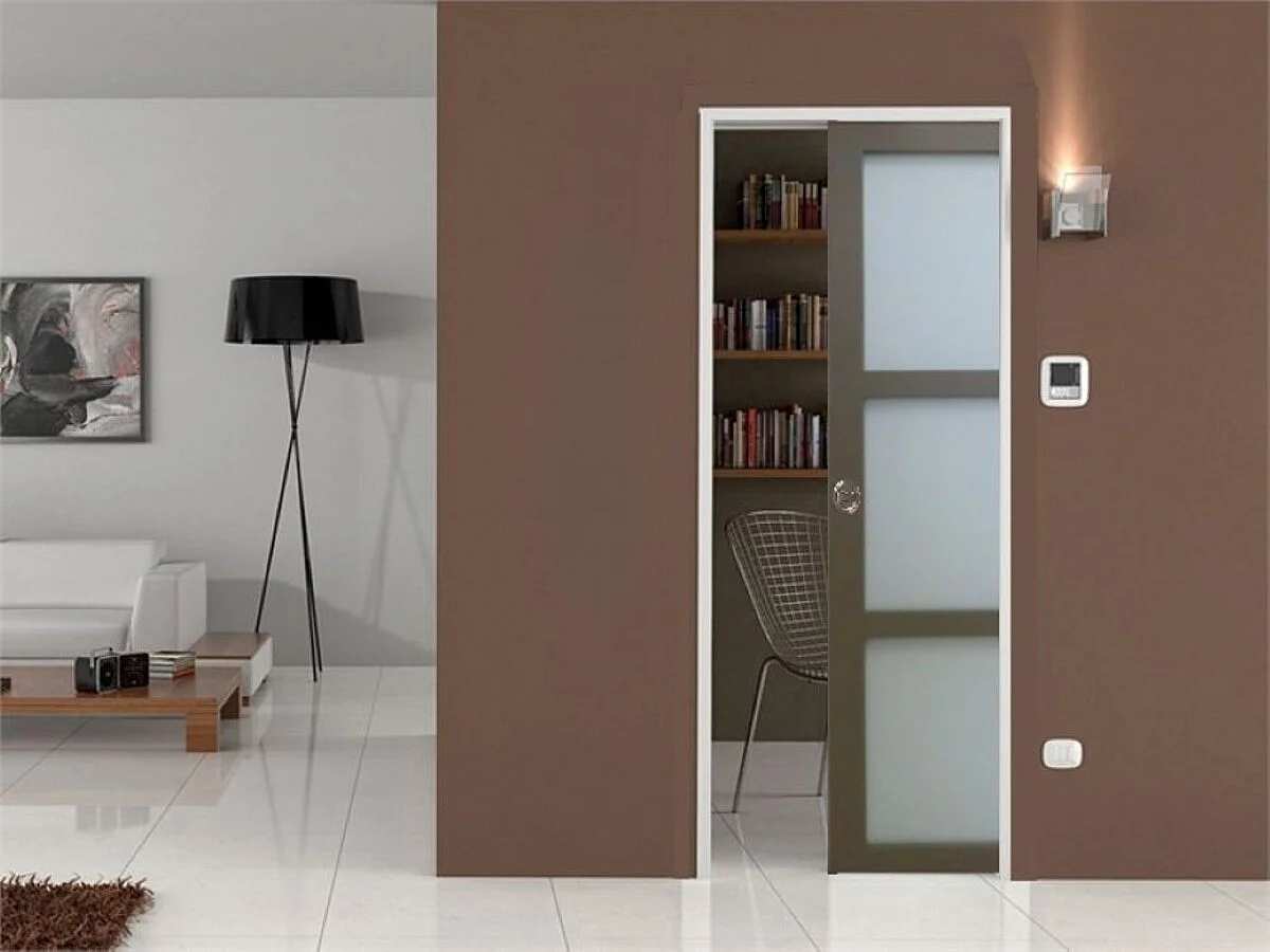 Porta scorrevole grigia beige con vetro H204 x L83 cm, a incasso, kit di finitura Gd Menuseries senza maniglia