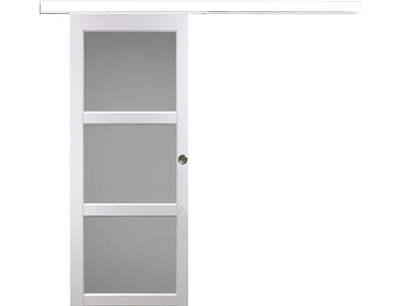 Porte Coulissante Kenya Blanc Vitree H204 X L73 + Rail Alu Bandeau Blanc Et Coquilles Gd Menuiseries