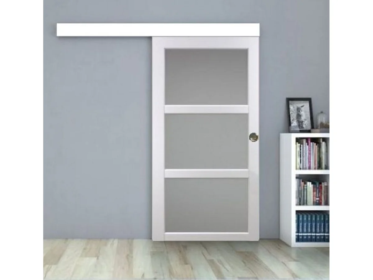 Porte Coulissante Kenya Blanc Vitree H204 X L73 + Rail Alu Bandeau Blanc Et Coquilles Gd Menuiseries