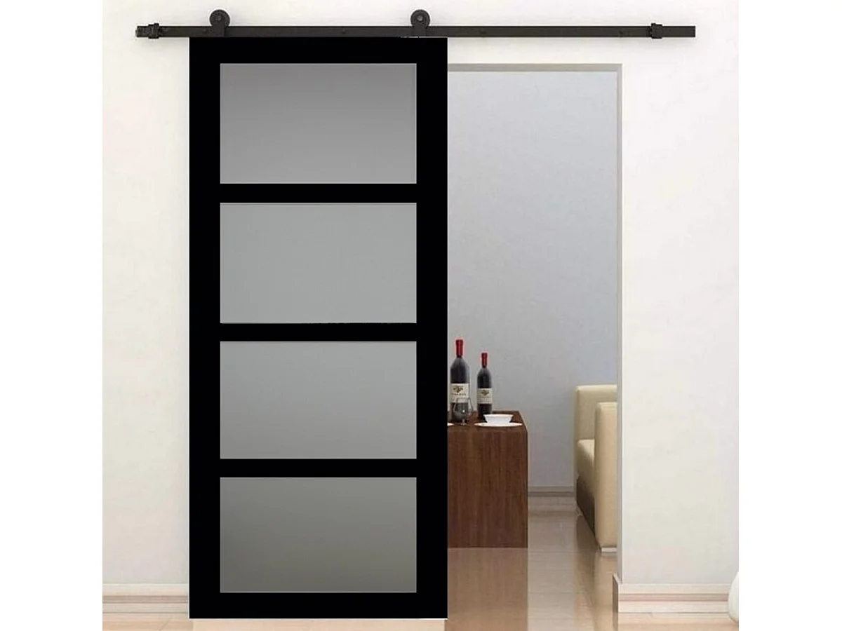 Porte Coulissante Telia Noir Vitree H204 X L83 + Rail A  Roulettes Et Coquilles Gd Menuiseries