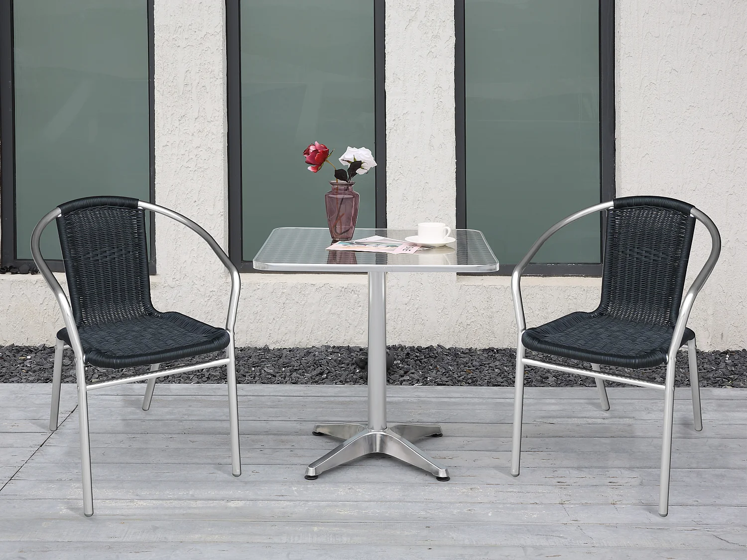 Comedor de jardín de aluminio y resina trenzada: 1 mesa cuadrada y 2 sillones - Negro - FIZZ