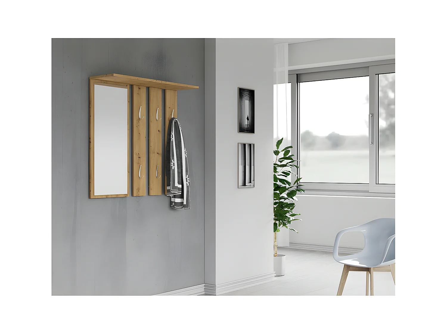 REGGY - Patère mural + grand mirroir - 6 corchets doubles - Étagère - Meuble d'éntrée - 85x82x15cm