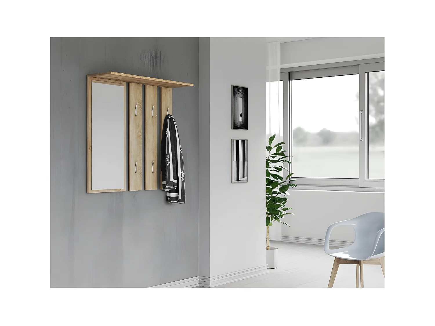 REGGY - Patère mural + grand mirroir - 6 corchets doubles - Étagère - Meuble d'éntrée - 85x82x15cm