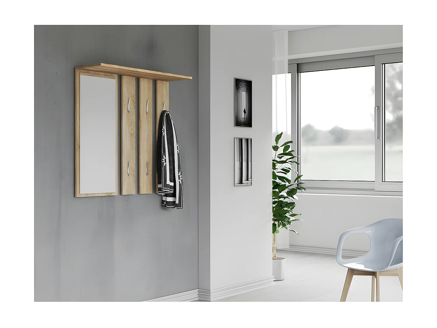 REGGY - Perchero de pared + espejo grande - 6 ganchos dobles - Estante - Mueble de entrada - 85x82x15cm