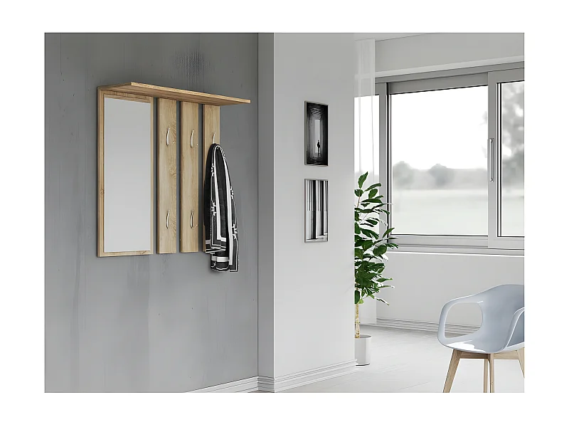 REGGY - Perchero de pared + espejo grande - 6 ganchos dobles - Estante - Mueble de entrada - 85x82x15cm