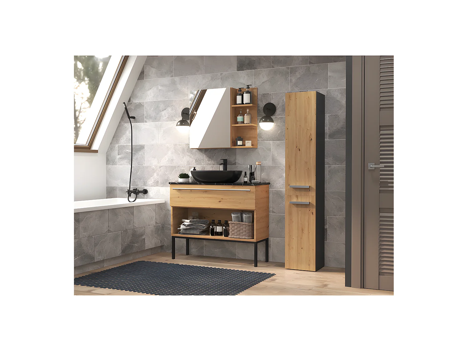 REGGY - Perchero de pared + espejo grande - 6 ganchos dobles - Estante - Mueble de entrada - 85x82x15cm