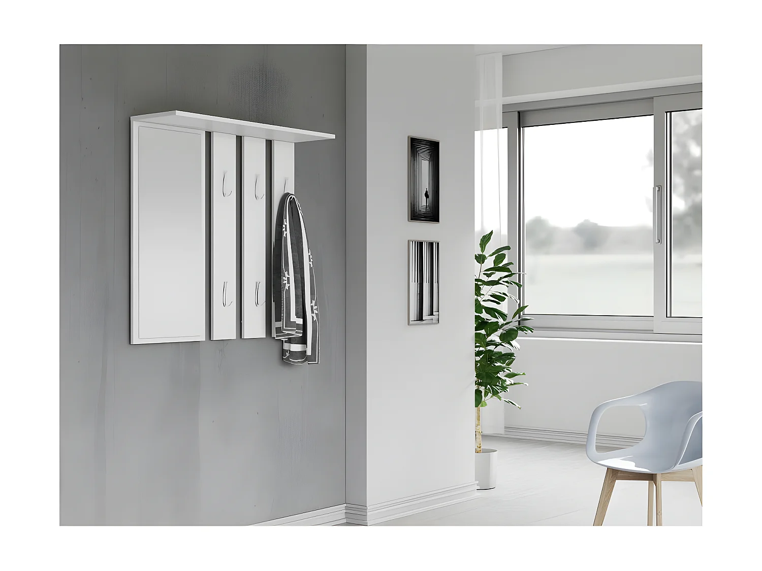 REGGY - Perchero de pared + espejo grande - 6 ganchos dobles - Estante - Mueble de entrada - 85x82x15cm