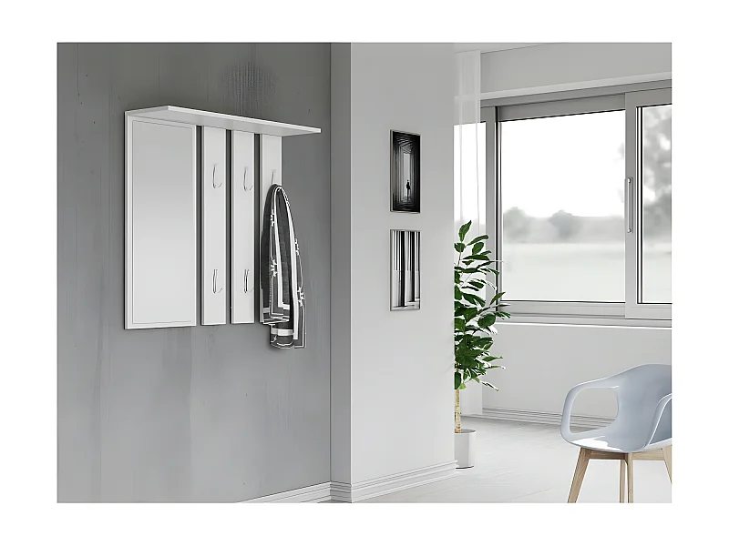 REGGY - Perchero de pared + espejo grande - 6 ganchos dobles - Estante - Mueble de entrada - 85x82x15cm