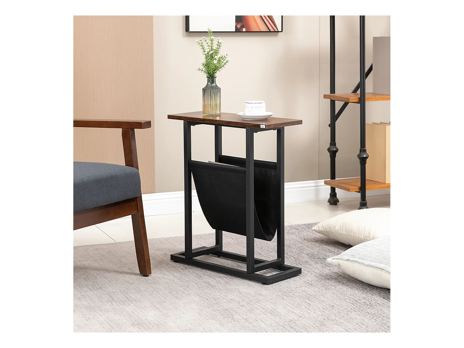 Guéridon bout de canapé table basse d'appoint - porte-revue tissu noir - châssis métal noir plateau aspect bois