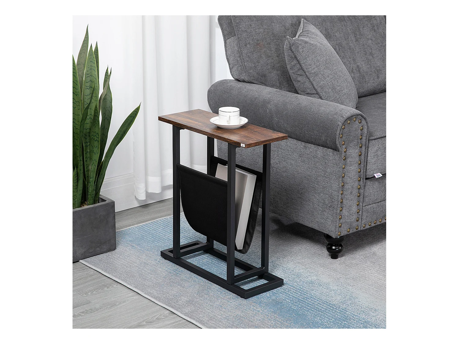 Guéridon bout de canapé table basse d'appoint - porte-revue tissu noir - châssis métal noir plateau aspect bois