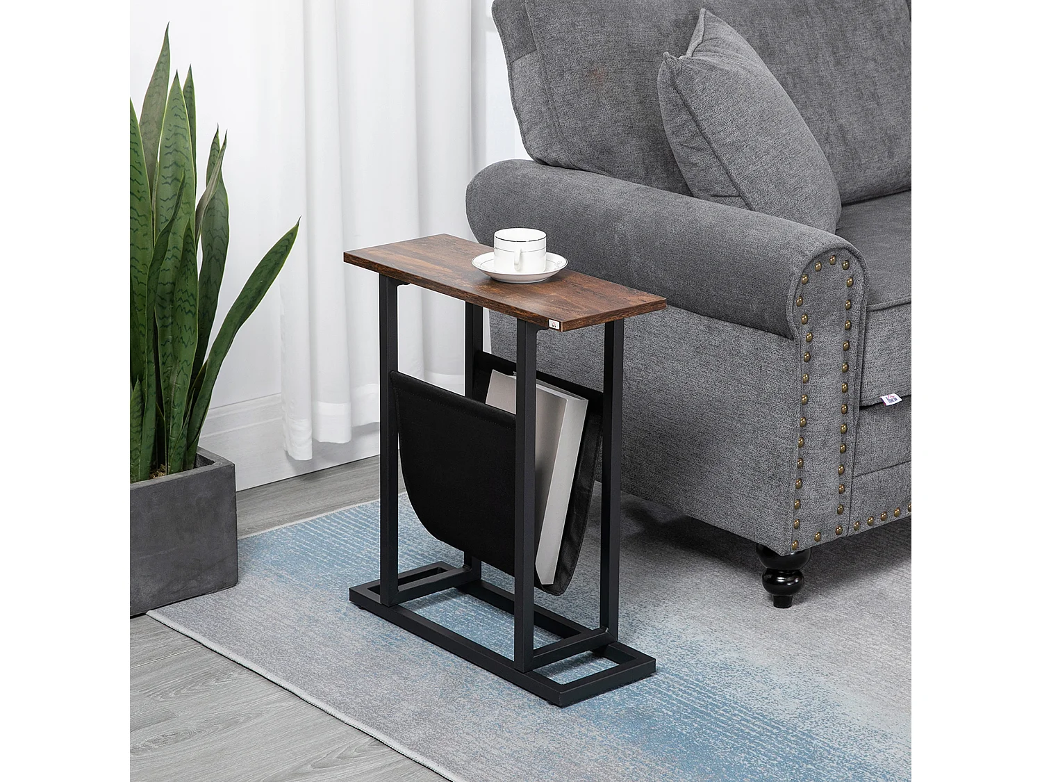 Guéridon bout de canapé table basse d'appoint - porte-revue tissu noir - châssis métal noir plateau aspect bois