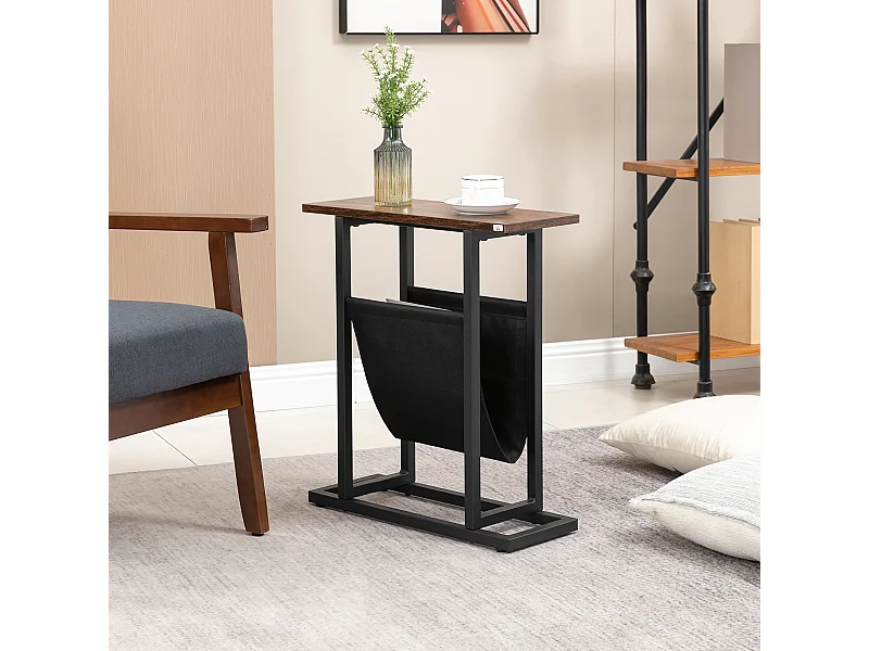Guéridon bout de canapé table basse d'appoint - porte-revue tissu noir - châssis métal noir plateau aspect bois