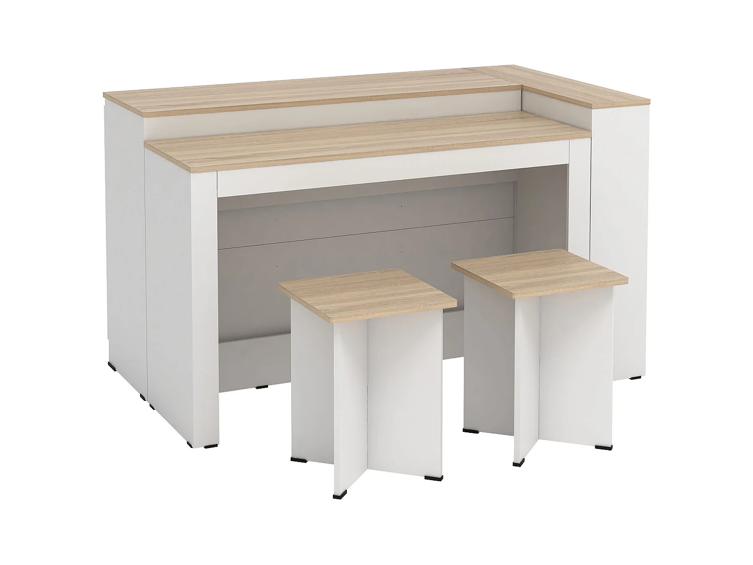 Ensemble îlot central de cuisine + 2 tabourets - Blanc et Naturel clair - NUSICE