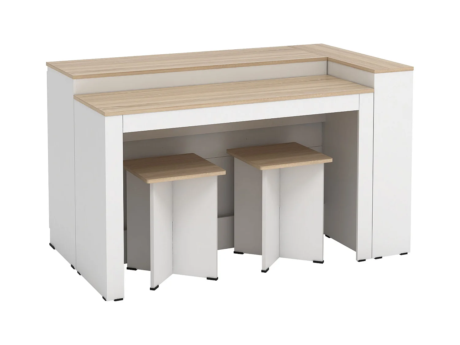 Ensemble îlot central de cuisine + 2 tabourets - Blanc et Naturel clair - NUSICE